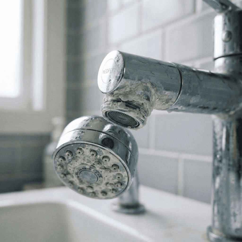 Faucets & showerheads affected by hard water mineral scale buildup