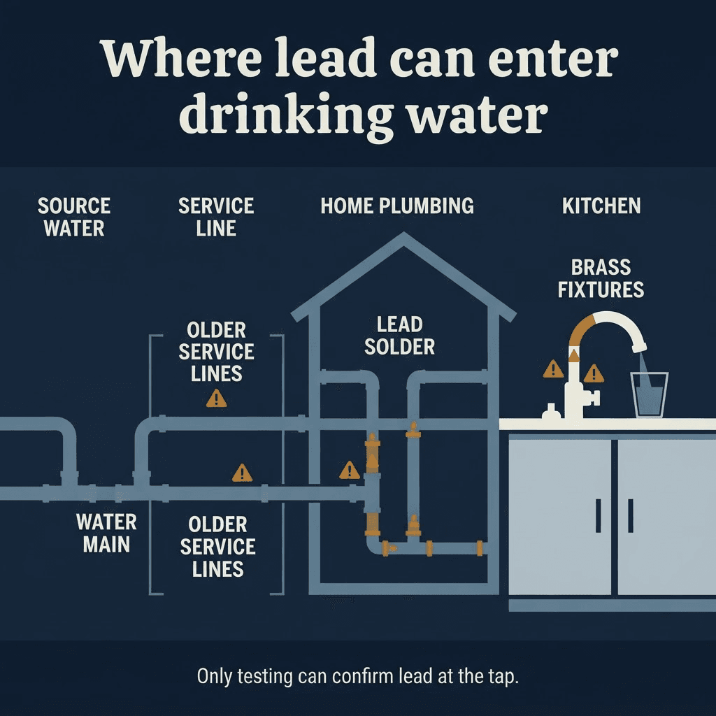 Infographic showing lead entering drinking water through older service lines, lead solder, and brass fixtures before reaching a kitchen tap
