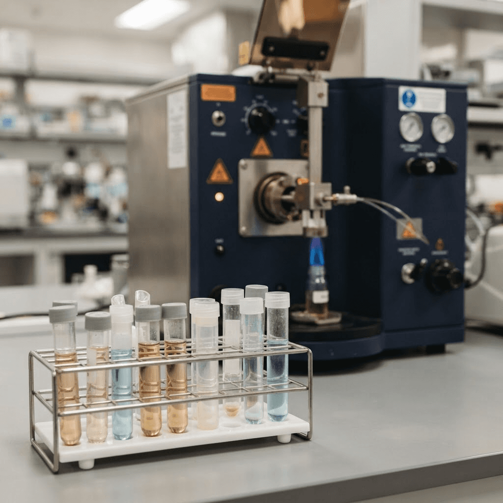 Lead-testing vials in front of an atomic absorption spectrometer with its flame furnace operating