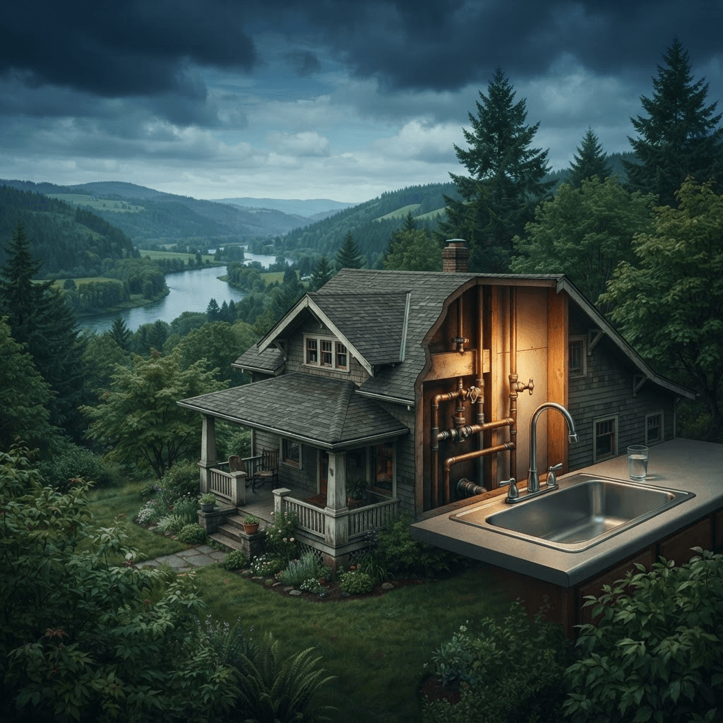Willamette Valley home landscape with exposed household plumbing leading to a kitchen faucet