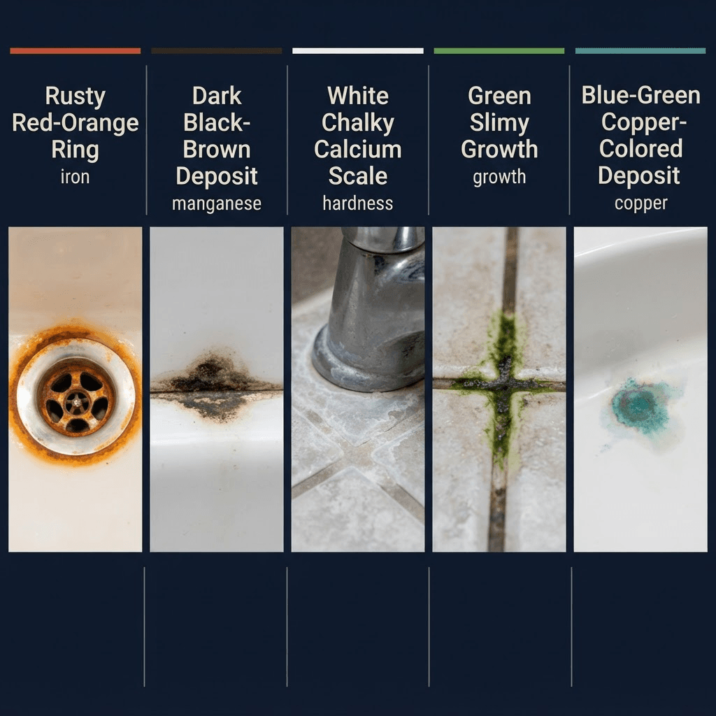 Infographic field guide matching red, black, white, green, and blue-green water stains with possible causes including iron, manganese, hardness, growth, and copper