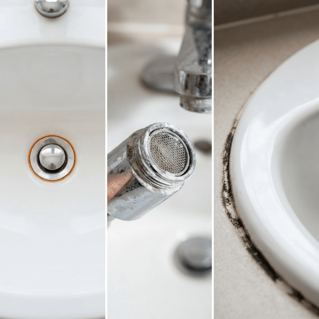 Photo collage showing an orange-red rust ring around a sink drain, white mineral scale on a faucet aerator, and dark staining along a sink edge