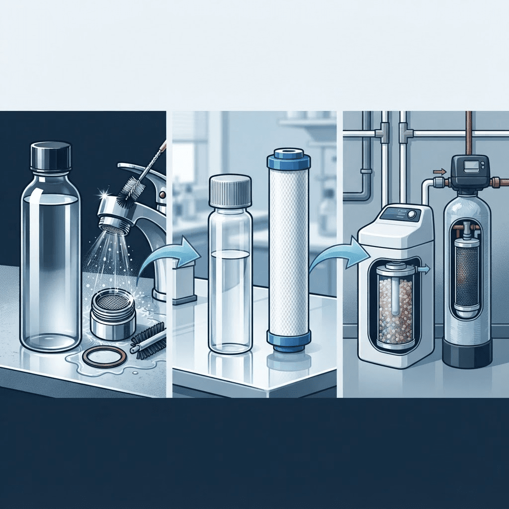 Editorial illustration showing fixture cleaning, laboratory water testing, and filtration equipment as parts of a clean-test-treat approach