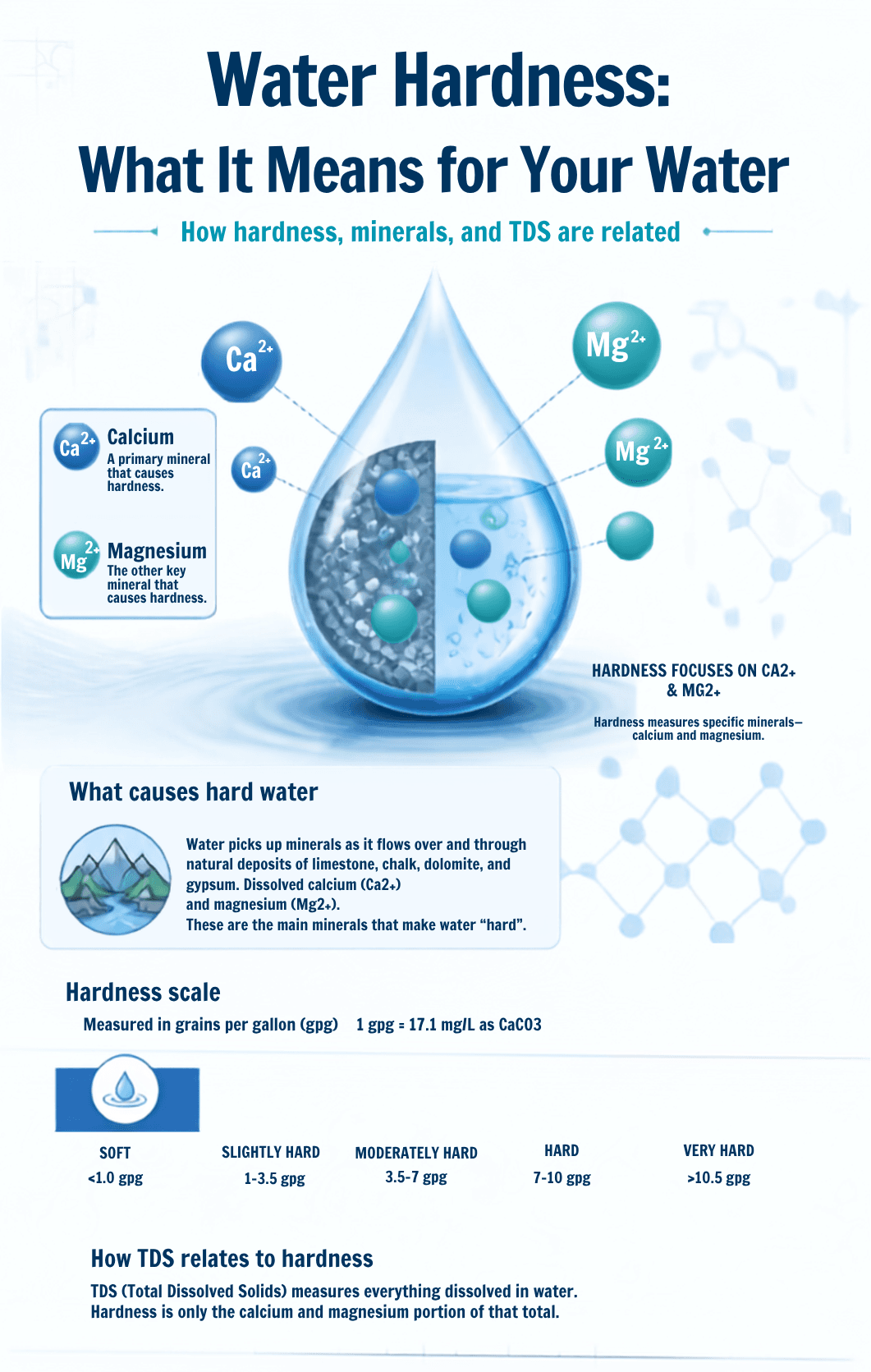 Infographic explaining water hardness, calcium, magnesium, the hardness scale, and how TDS relates to hardness