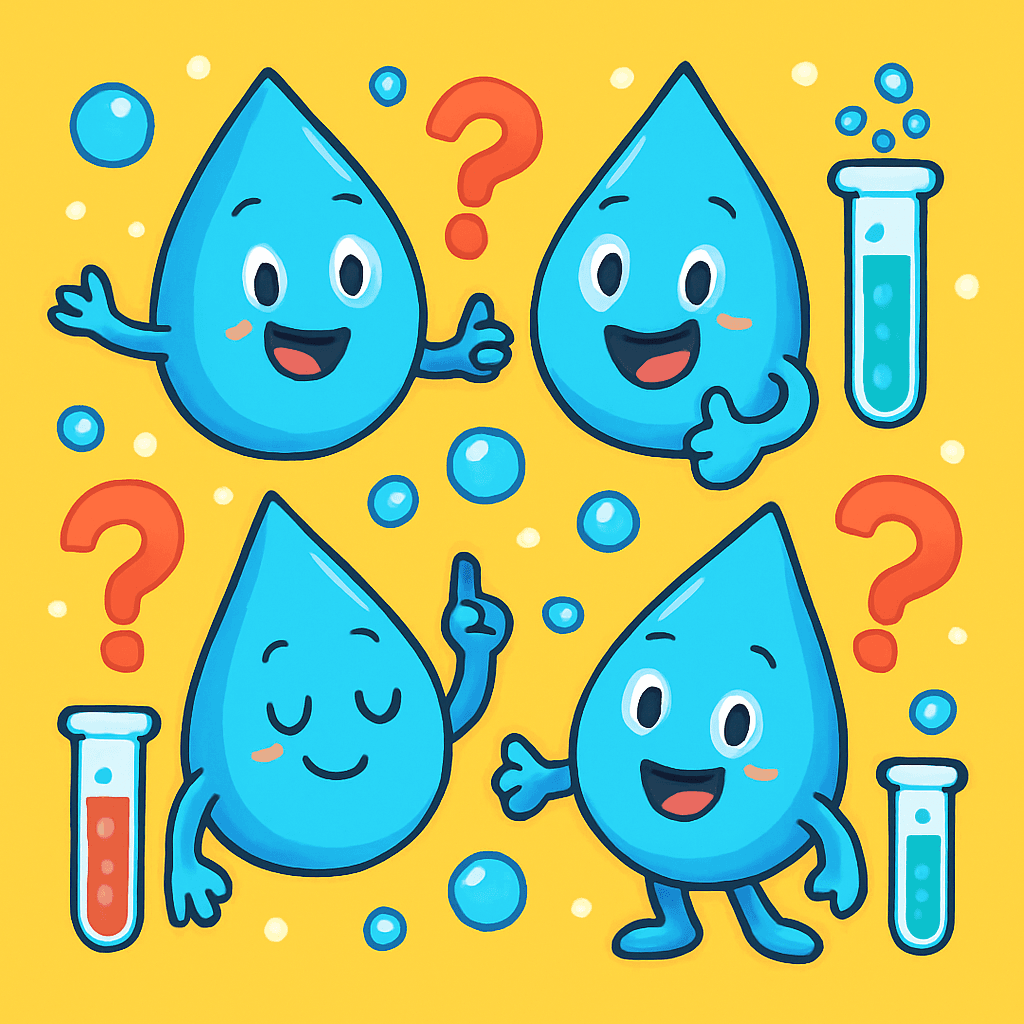 Playful water drop characters, test tubes, and question marks